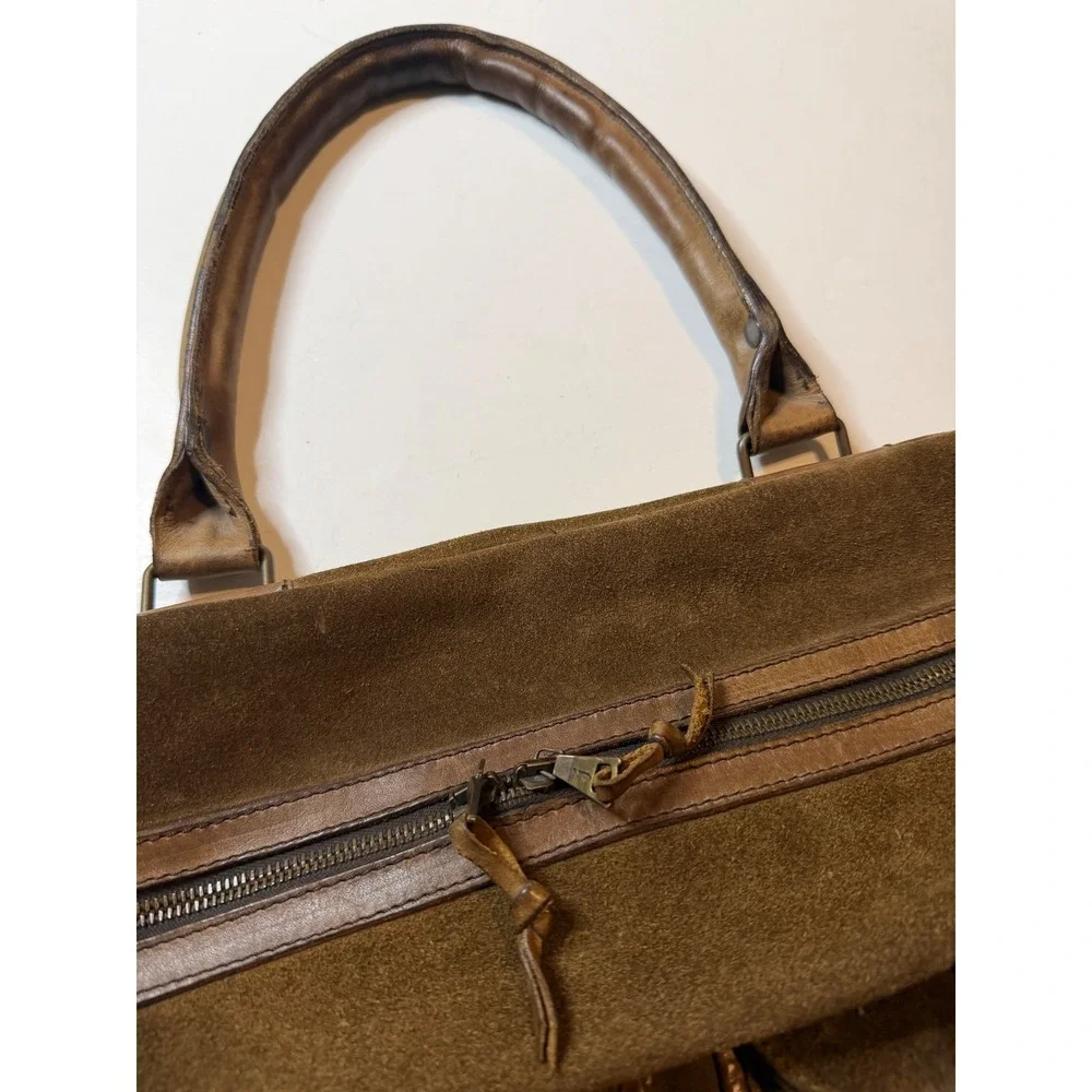 John Varvatos Mens Suede Leather Briefcase carryon Handmade in Italy Distressed